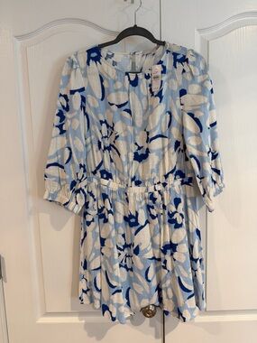 LOFT Blue & White Floral Elastic-Waist Mini Dress